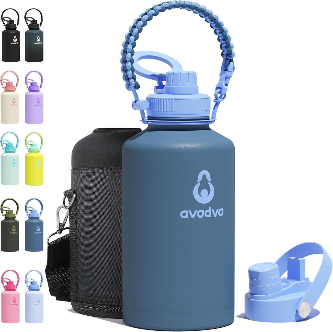 64 oz Water Bottle with 2 Lids (2-in-1 Straw & Spout Lid, Magnetic Lid), Insulated Water Bottle with Strap, Stainless Steel Water Bottle for Hiking, Gym, Travel, BPA-Free, Dark Blue