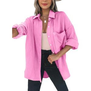 Dokotoo Womens Color Block Button Down Shirts Long Sleeve Oversized Boyfriend Blouses Tops (X-Large, 1 Rose Pink)