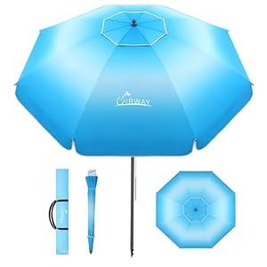 UIRWAY Beach Umbrella, Heavy Duty Windproof Beach Umbrellas with Sand Anchor & Tilt, Sun Protection Portable Beach Umbrella with Carrying Bag for Beach, Patio Garden Pool Outdoor, Sky Blue Fade