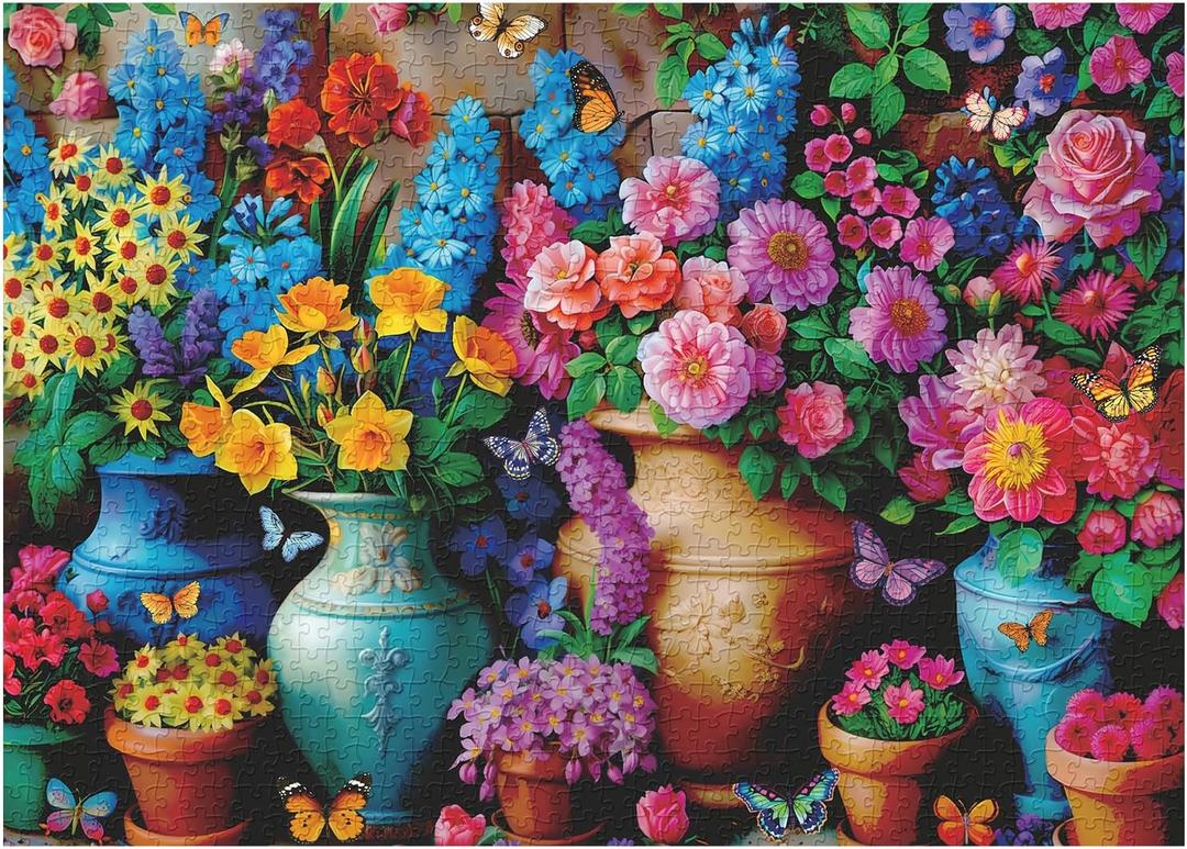 Flowers Puzzles for Adults 1000 Pieces, Retro Rainbow Rose Flower Vases Jigsaw Puzzles, Spring Plant Butterfly Puzzles as Floral Home Decor