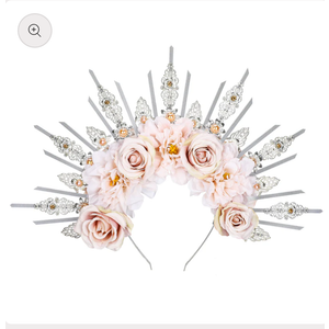 COSUCOS Renfaire Roses Halo Crown - Handmade Woodland Goddess Headpiece with Crystal Gold Sunburst Headband Spiked Green Rose Flower Tiaras for Women Fairy Renaissance Cosplay Halloween