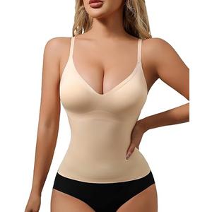 USEASY Built in bra Tank Tops for Women U neck shapewear built-in bra Tank Womens Shapewear with bra Compression Beige M
