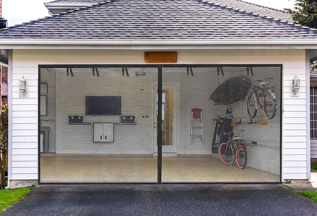 Elytsemoh Garage Screen Doors for 2-Car Garage -16x7FT, Fiberglass 2300g/5.1 Lb Heavy Duty Magnetic Door Screen, Hands-Free with 6 Roll Up Straps for Patio, Outdoor, Gym, Sun House Porch, Black