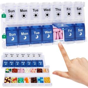 Shintop Weekly Pill Organizer 2 Times a Day, Easy Fill Am Pm Pill Box 7 Day Push Button Medicine Holder Daily for Vitamins Supplements(Blue & White)