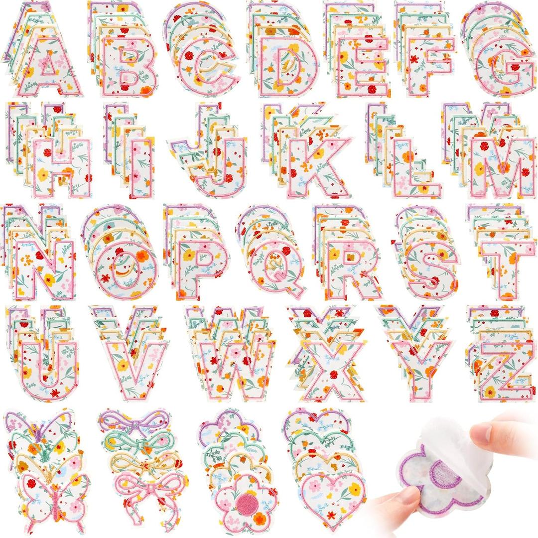 Hanaive 136 Pcs Chenille Letter Patches Self Adhesive Stickers for DIY Cute Smile Face Heart Rainbow Patches for Clothing Backpacks Bags Jackets Hat Decoration(Floral Style,Pale Yellow Color)