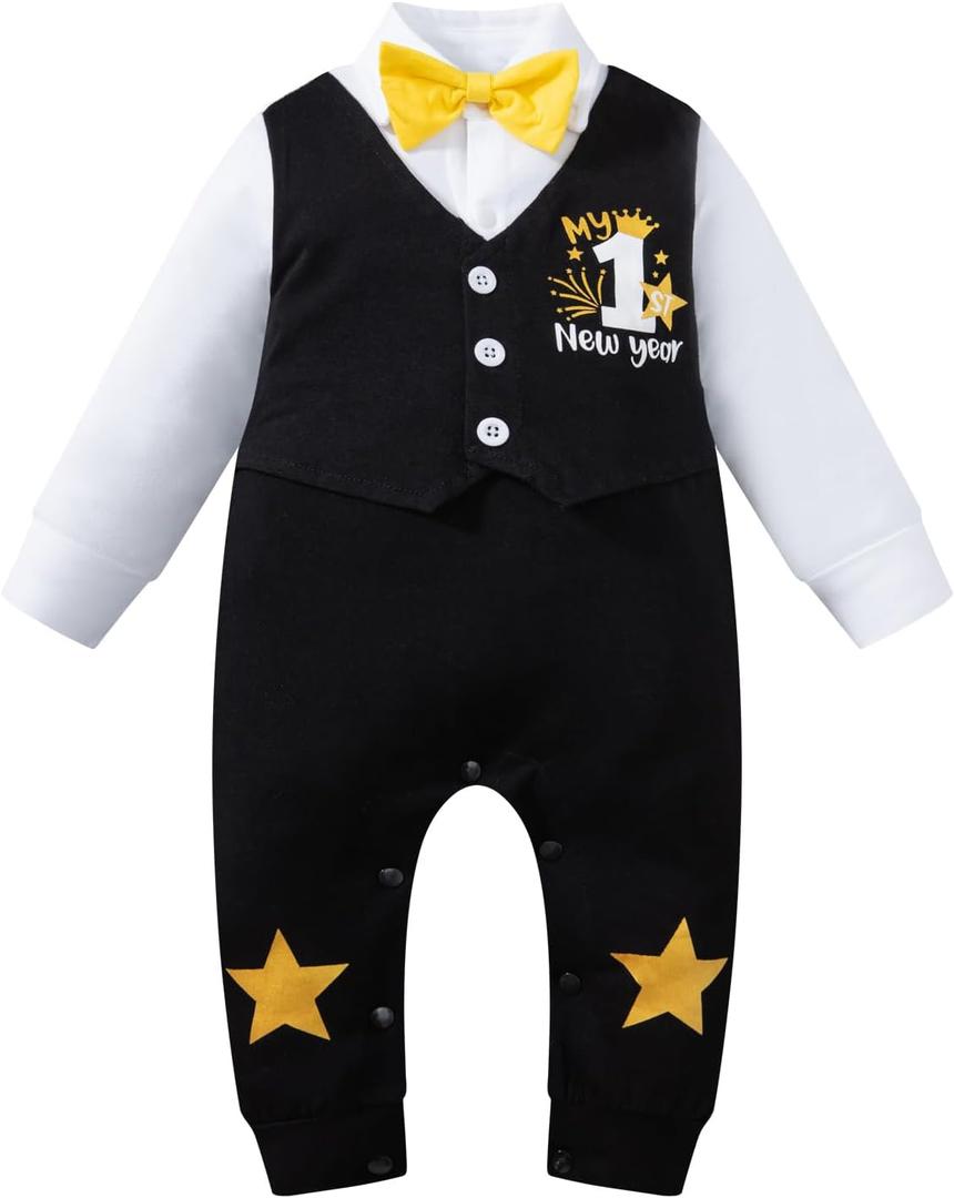 PROMOTED TO BIG SISTER Baby Boy My 1st New Year 2026 Outfit Gentleman Romper Long Sleeve Jumpsuit with Bow Tie (3-6 Months, Black)