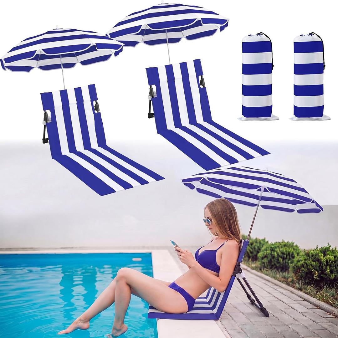 Briwooody 2 Set Foldable Poolside Chairs with Umbrella Portable Beach Folding Poolside Chair for Adults Traveling Camping Picnic Lawn Accessories, Blue Stripe