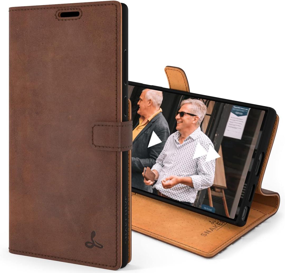 Snakehive Samsung Galaxy S22 Ultra Leather Case | Genuine Leather Wallet Phone Case with Card Holder | Flip Folio Case/Cover with Stand | Compatible with Samsung Galaxy S22 Ultra | (Brown)