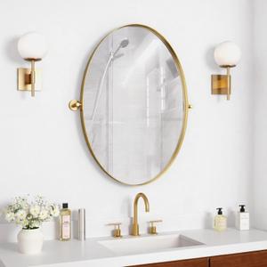 Gold Pivot Oval Bathroom Vanity Mirrror 24 x 36 Inch Tilting Metal Frame Mirror, Farmhouse Adjustable Tilt Rounded Corner Oval Vanity Mirror, Easy to Install