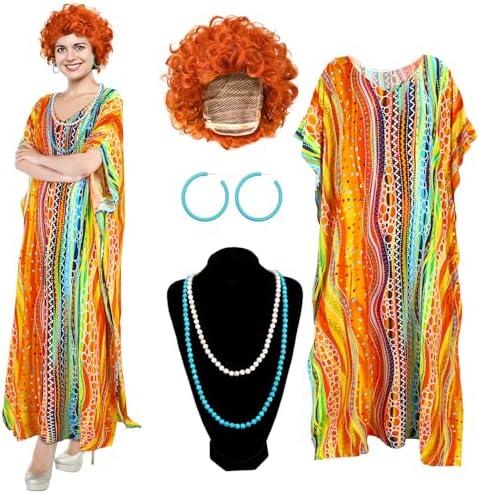 Croloose 5 Pcs Halloween Women Landlady Costume Set with Print Caftan Dress Curly Wig Bead Necklace Earring for Cosplay Party