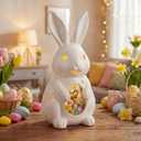 Easter Bunny Figurines 11 Inch Light up Easter Bunny Decorations White Resin Rabbit Figurines for Spring Indoor Rustic Decor Home Table Room Kitchen(Flower Style)