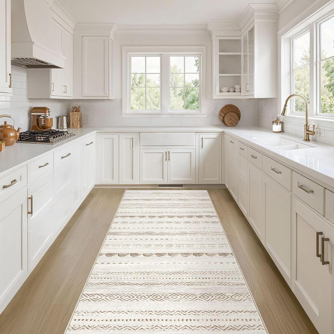 Nakagishi Runner Rug Kitchen Washable Rugs: 2x6 Non-Slip Boho Soft Modern Stain Resistant Indoor Floor Neutral Farmhouse Throw Carpet for Hallway Bathroom Laundry Room Entryway Bedroom- Beige