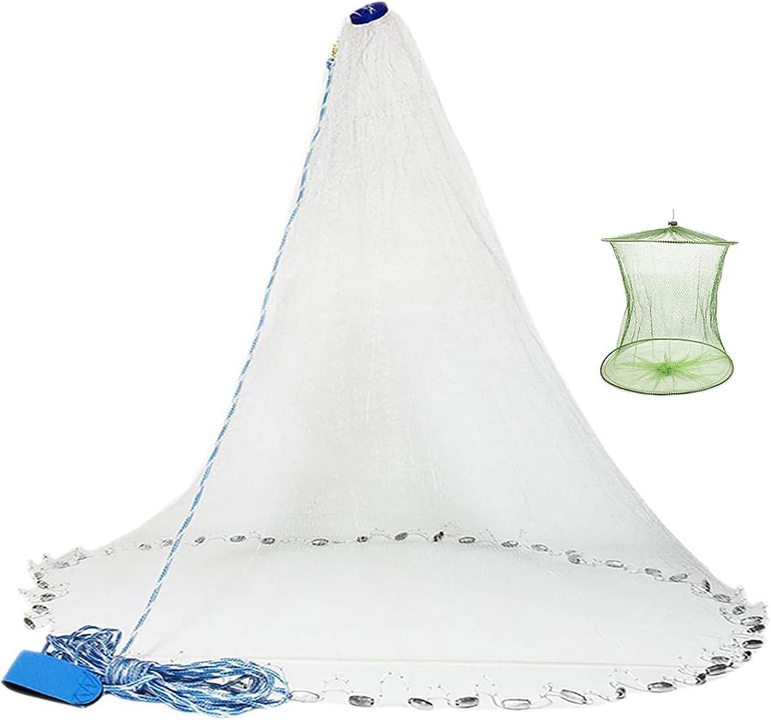 Yeahmart American Saltwater Fishing Cast Net for Bait Trap Fish 3ft/4ft/5ft/6ft/7ft/8ft/9ft/10ft Radius Casting Nets with Heavy Duty Real Zinc Sinker Weights, 3/8inch Mesh Size