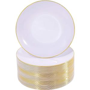 Nervure 100Pieces White with Gold Rim Plastic Plates - 7.5inch Disposable Gold Salad/Dessert Plate - White and Gold Plastic Plates Ideal for Wedding & Party & Thanksgiving