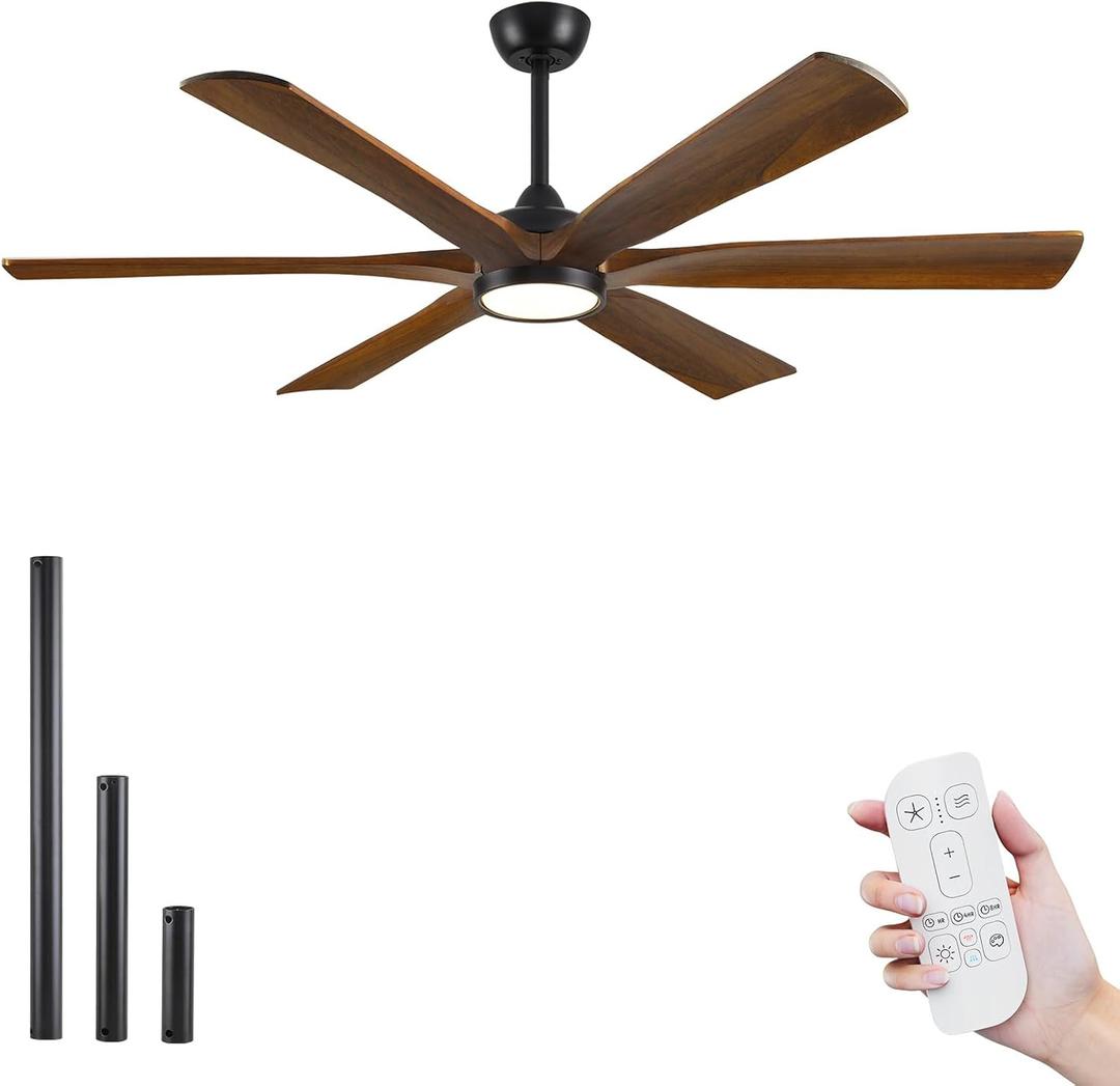 60 Inch Modern Ceiling Fan with Lights and Remote, Wood Outdoor Ceiling Fan for Patios, 6-Speed Reversible DC Motor, Large Airflow Rustic Farmhouse Ceiling Fan for Indoor/Outdoor, 3CCT Dimmable (Walnut)