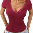 Rooscier Women's Lace V Neck Tee Short Sleeve Slim Fit Bow Knot T Shirt Top M