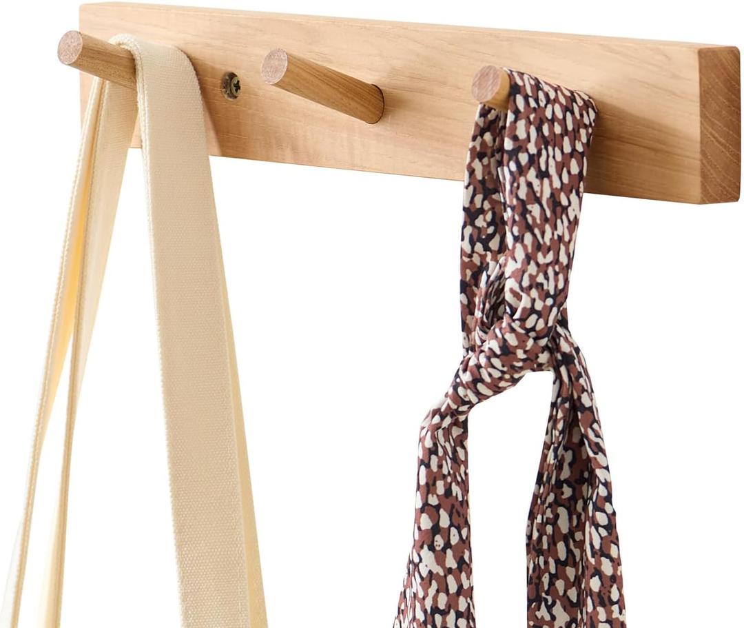 Hickory Wood Coat Rack Wall Mount, 12 Inch Coat Hook Hanger Wooden Wall Coat Rack with 3 Hooks for Purse Clothes Towels Hats in Entryway Bedroom Bathroom, Natural