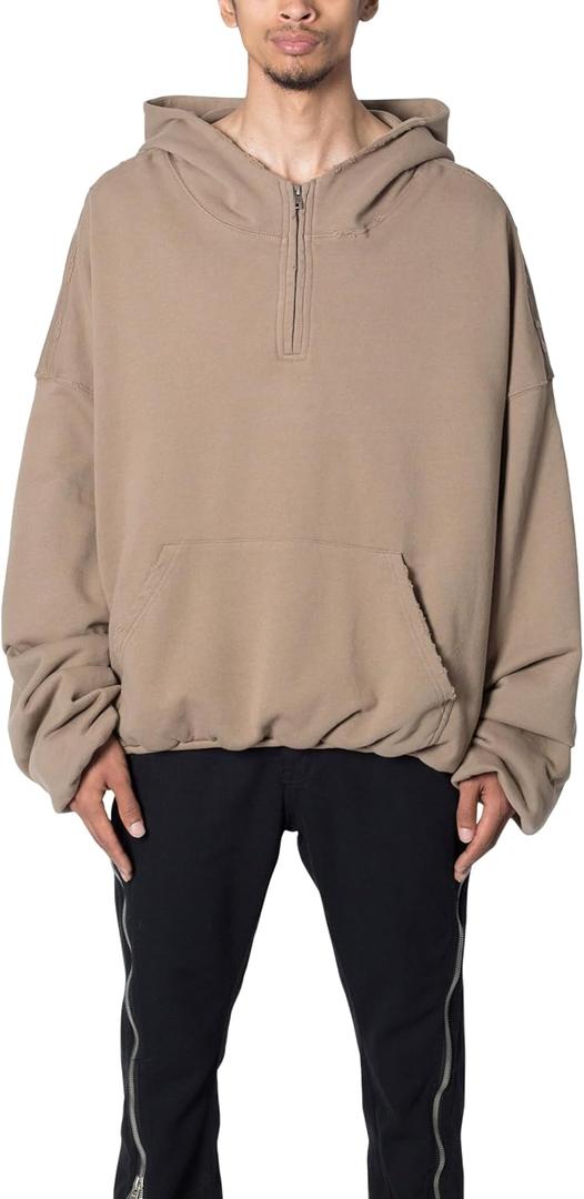 mnml Men's Lined Baggy 3/4 Zip Hoodie (Large, Brown)