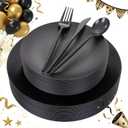 EI 150pcs Black Plastic Plates Frosted Plastic Plate,Premium Heavy Duty Black Plastic Plates,Black Disposable Plates with Plastic Silverware,10.25" Dinner Plates and 7.5" Dessert Plate New Year Party