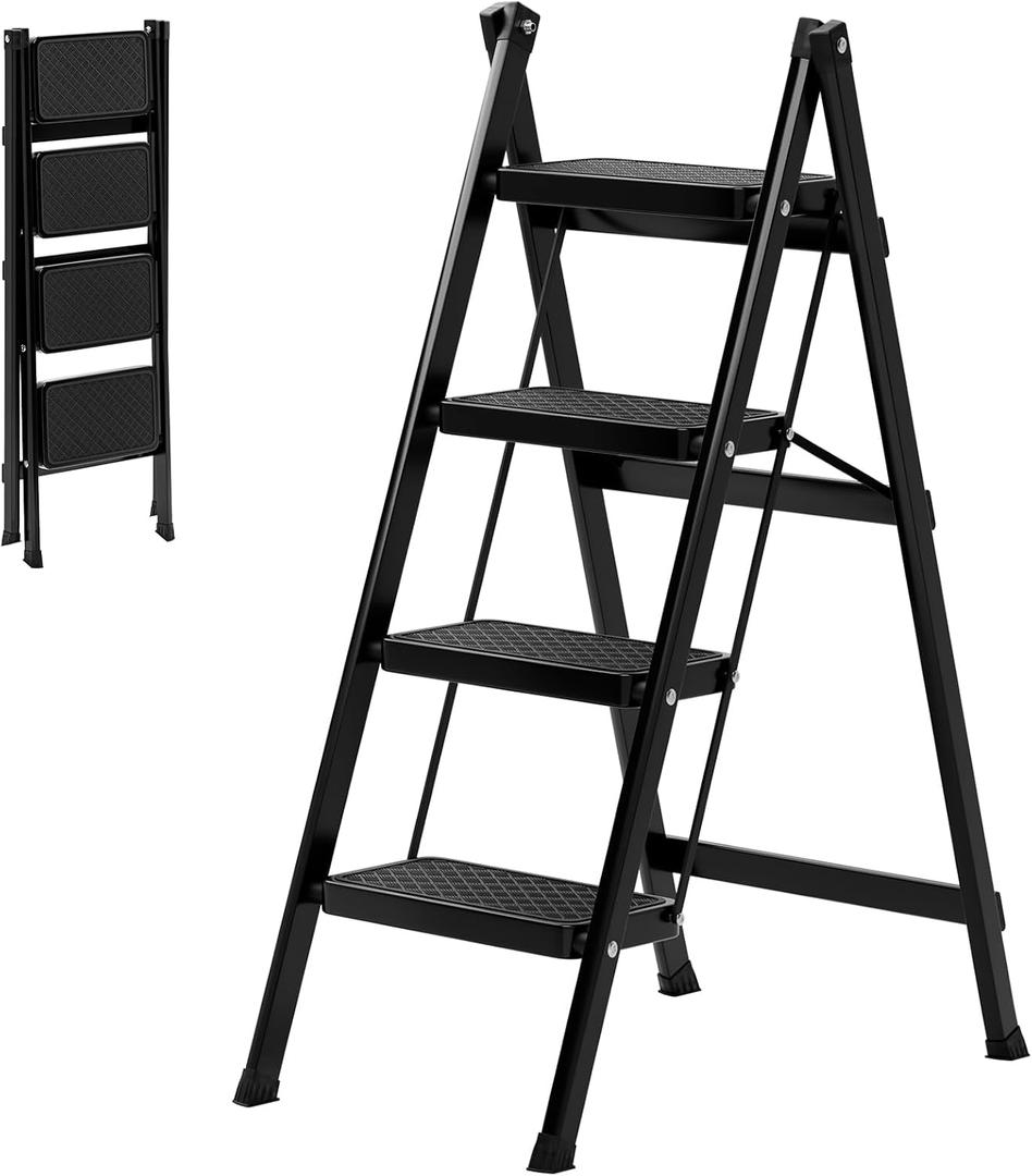 Walbest 4 Step Ladder, Folding Step Stool, Multi-Purpose Collapsible Ladder for Home or RV Outdoor Work, Heavy Duty 330 lbs Load Bearing Black