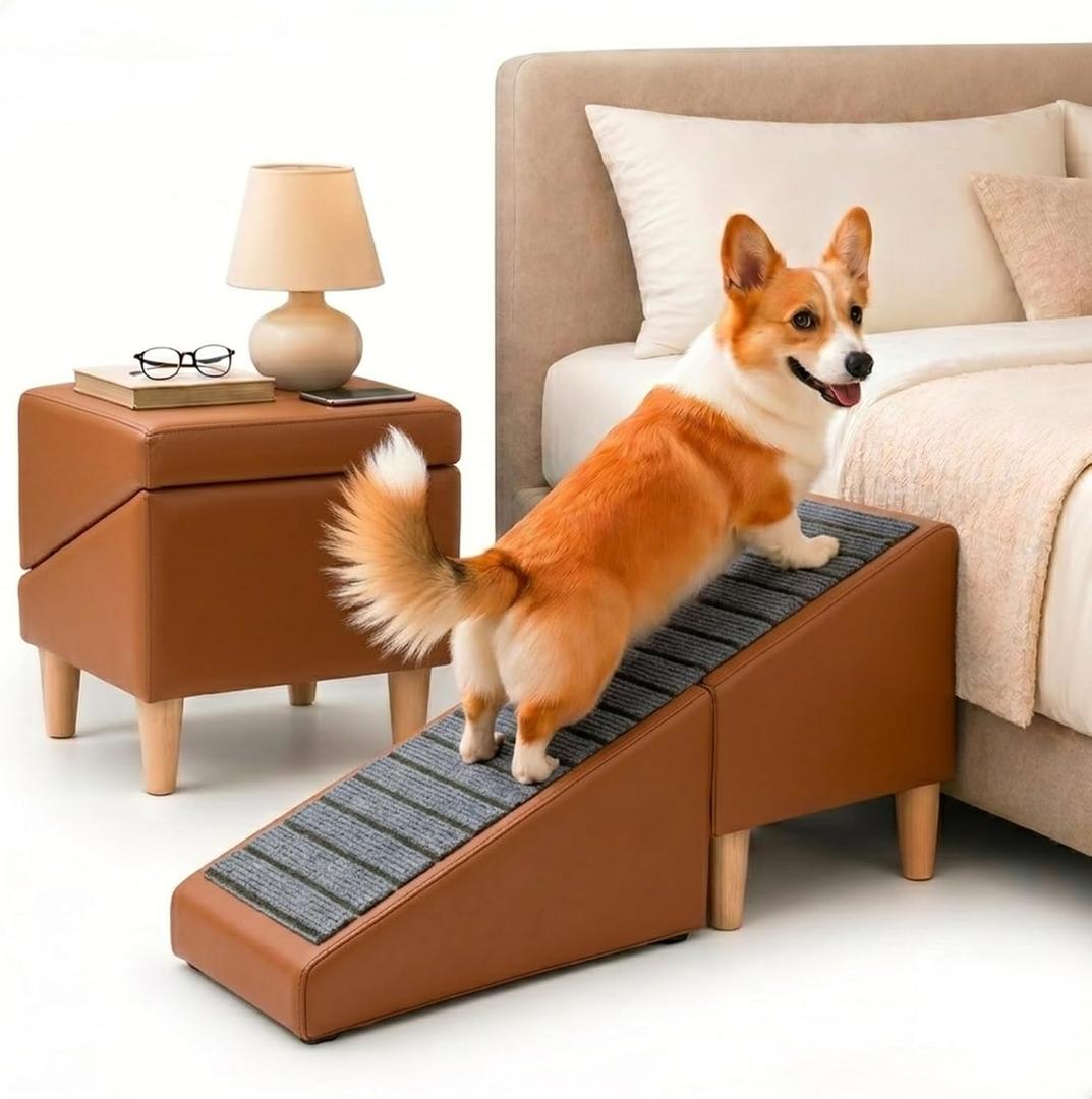 2-in-1 Dog Stairs for Bed & Couch, Foldable Leather Pet Ramp Steps