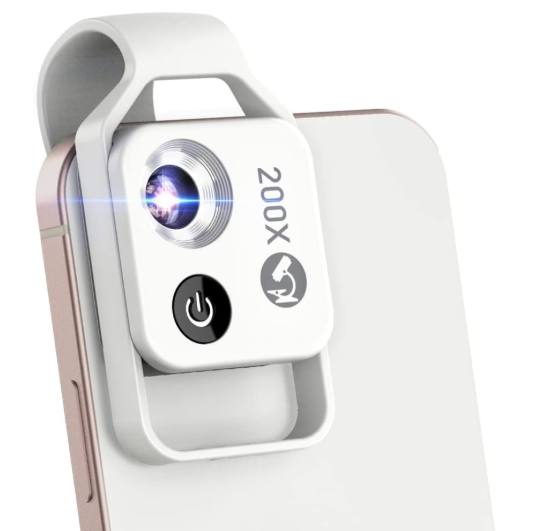 200X Phone Mini Pocket Microscope with LED Light/Universal Clip, Nano Zoom Portable Digital Microscope Camera Attachments for 99% Smartphone, Microworld for Kids Adults (White 200X with CPL)