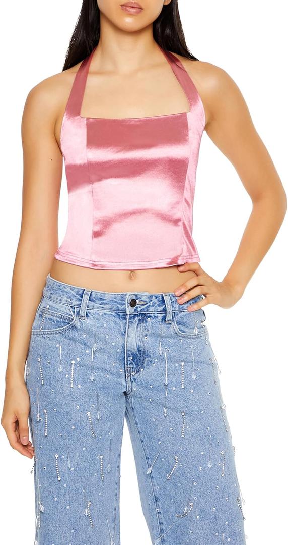 Forever 21 Womens Satin Halter Crop Top (X-Small, Pink)