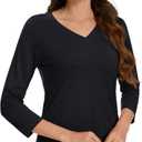 MAGCOMSEN 3/4 Sleeve T Shirts for Women V Neck Tshirts Cotton UPF50+ Summer Tops Casual T-Shirts Basic Tees 2025 (Black, M)