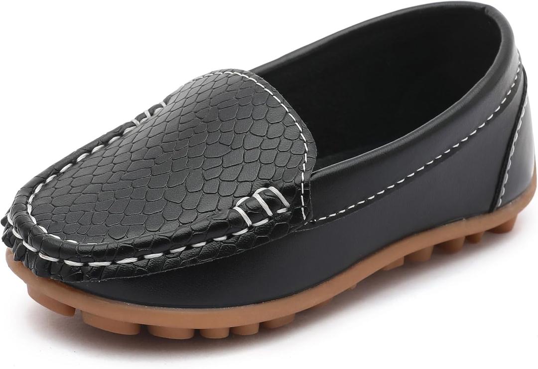 LONSOEN Toddler/ Little Kid Boys Girls Soft Synthetic Leather Loafer Slip-On Boat-Dress Shoes/ Sneakers, Black, 28/10