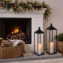 22'' 19'' Large Lanterns Decorative Outdoor Indoor, Set of 2 Black Metal Candle Lanterns Modern Farmhouse Floor Lanterns Decorative for Home Decor, Mantle, Fireplace, Patio, Porch, Garden