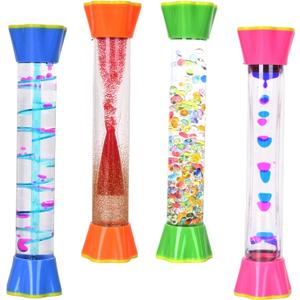 Liquid Motion Sensory Toys, 4 Pack Visual Timer Set with Glitter, Bubbles and Floating Effects for Stress Relief and Relaxation (4P-Flower Base Edition #1)