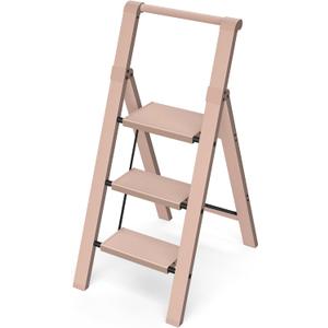 Taranta 3 Step Ladder, Lightweight Aluminum Step Stool with Convenient Handgrip, Folding Ladder with Anti-Slip Pedals, 330lbs Capacity Stepladder for Home, Office, Kitchen - Peach Pink