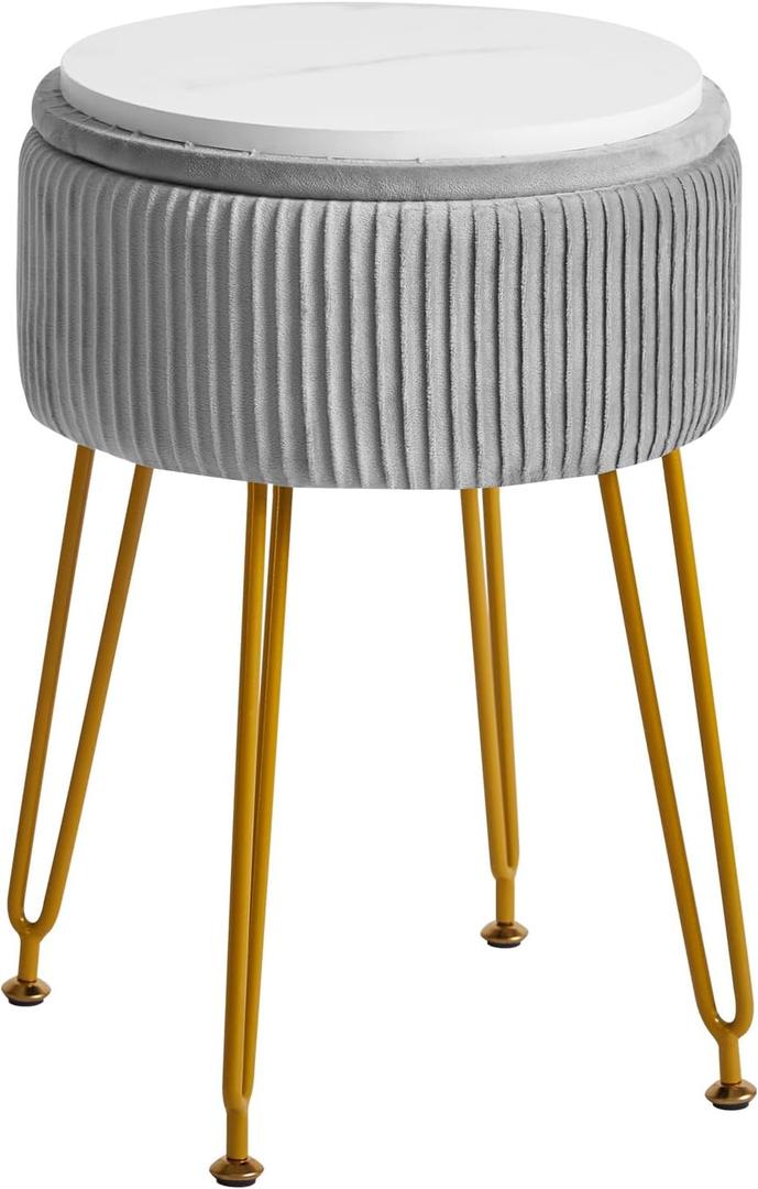 IBUYKE Velvet Storage Footrest Stool Ottoman, Makeup Vanity Stool Side Table with Golden Steel Legs Removable Cover, Coffee Table Top Cover, Grey LG-20G