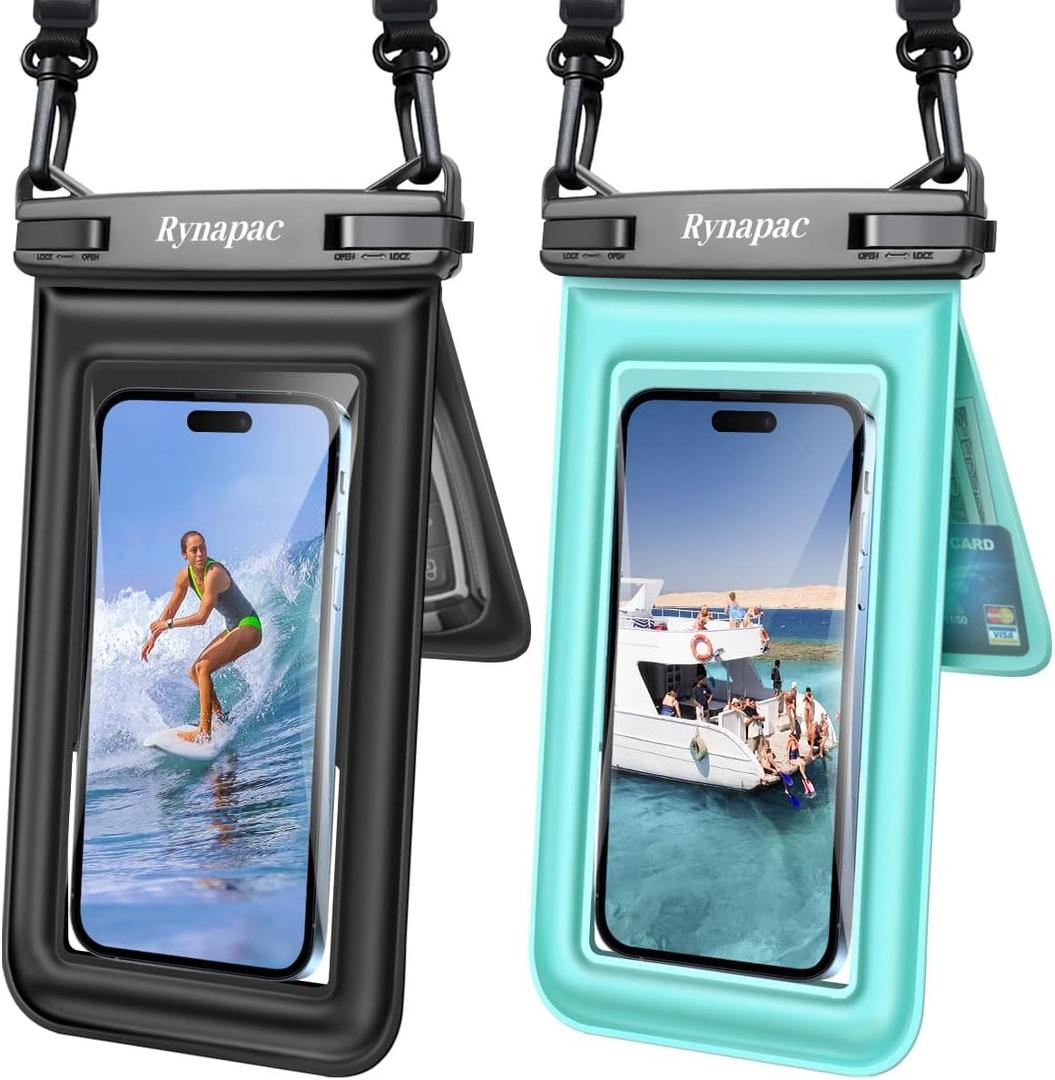 [Up to 8.5''] Floating Waterproof Phone Pouch 2 Pack, IPX8 Double Space Waterproof Phone Case with Lanyard for iPhone 17 16 15 Pro Max, Galaxy S26 Ultra, Cellphone Dry Bag Beach Cruise Ship Essentials (Black & Green)