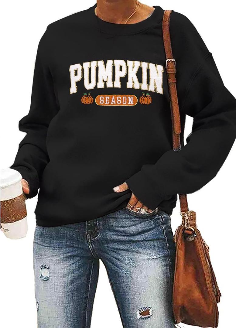 MYHALF Pumpkin Season Sweatshirt Fall Shirt: Women Atumn Crewneck Tops Thanksgiving Halloween Embroidered Pullover Outfits (X-Large, Black)
