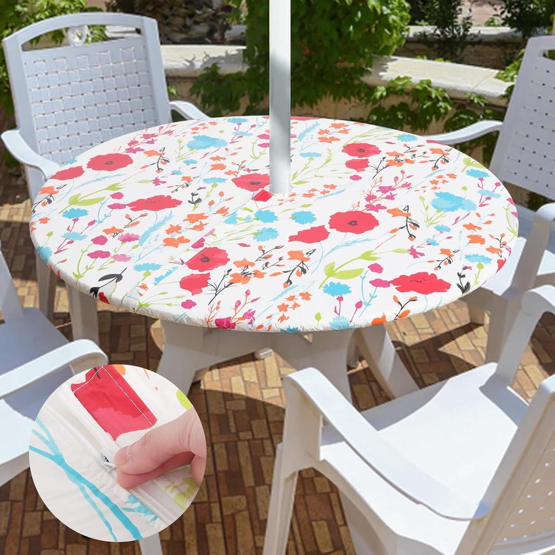 misaya Round Tablecloth, Fitted Table Cover with Umbrella Hole, 100% Waterproof, Elastic Edge, Flannel Backing, Plastic Table Cloth Fit 45"-56" Round Tables for Patio, Picnic, Outdoor, Flowers (Off White)