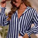 Gleeivy Womens Smocked Cuffed Striped Boyfriend Shirt Casual Collar Long Sleeve Oversized Button Down Blouse Tops (XL)