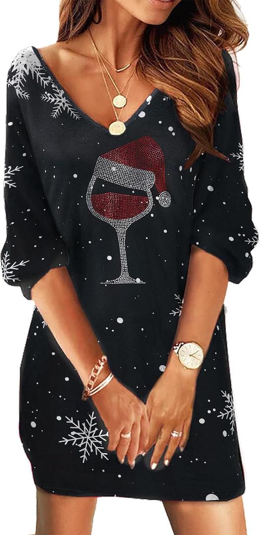UNIQUEONE Women Dress Shirt Christmas Long Sleeve Tops Red Wine Glass Christmas Shirts V Neck Xmas Santa Hat Graphic (Black, XL)