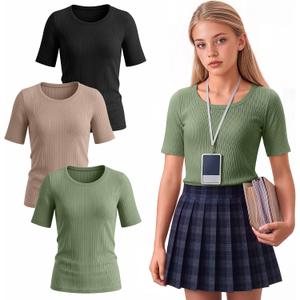 3 Pack Girls Ribbed T-Shirts | Short Sleeve, Crewneck, Slim Fit, Stretchy, Soft, Athletic, Basic Tees, Summer, Kids 5-14 Years