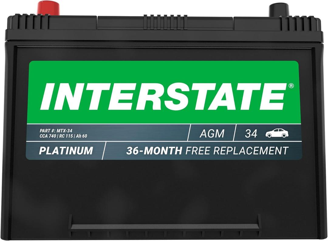 Interstate Batteries Car Battery 12V 60Ah 740CCA Group 34 AGM, Group Size 34