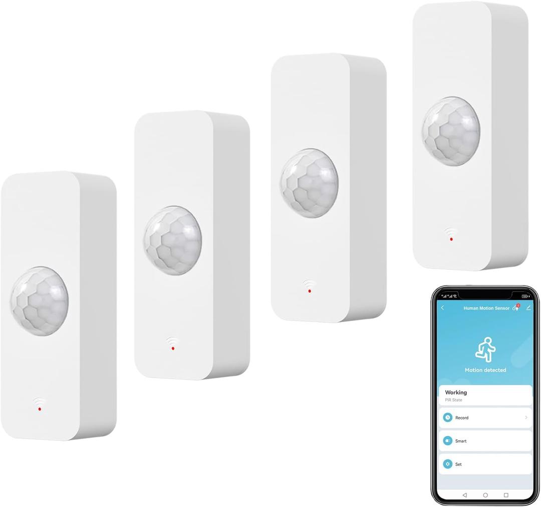 WiFi Motion Sensor, Smart Motion Detector for Home Security, Wireless Motion Sensor App Remote Monitor, Voice Command Compatible with Alexa. 4 Pack