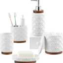 RQYIXI Elegant 5 PCS Ceramic&Wood Bathroom Accessories Set:Soap Dispenser,Toothbrush Holder,Tumbler,Soap Dish,Cotton Swab Jar,Easy to Clean,Quatrefoil Pattern,White-Affordable Home Luxury