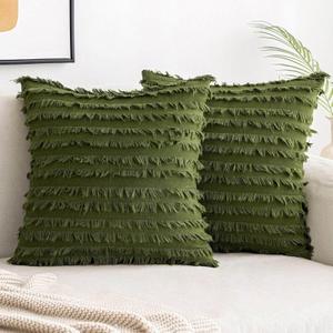 MIULEE Pack of 2 Decorative Boho Throw Pillow Covers 18x18 Inch Olive Green Pillowcases Linen Striped Jacquard Pattern Pillow Covers Modern Farmhouse Home Decor for Spring Sofa Living Room Couch