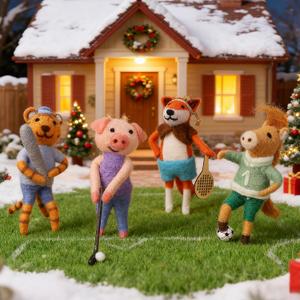 Set of 4 Christmas Felt Animal Athletes Ornaments, 5" Mini Hanging Wool Player Figurines, Tiered Tray Tabletop Decor, Animal Crafts Xmas Tree Festival Holiday Easter Gifts Home Office Party Supply