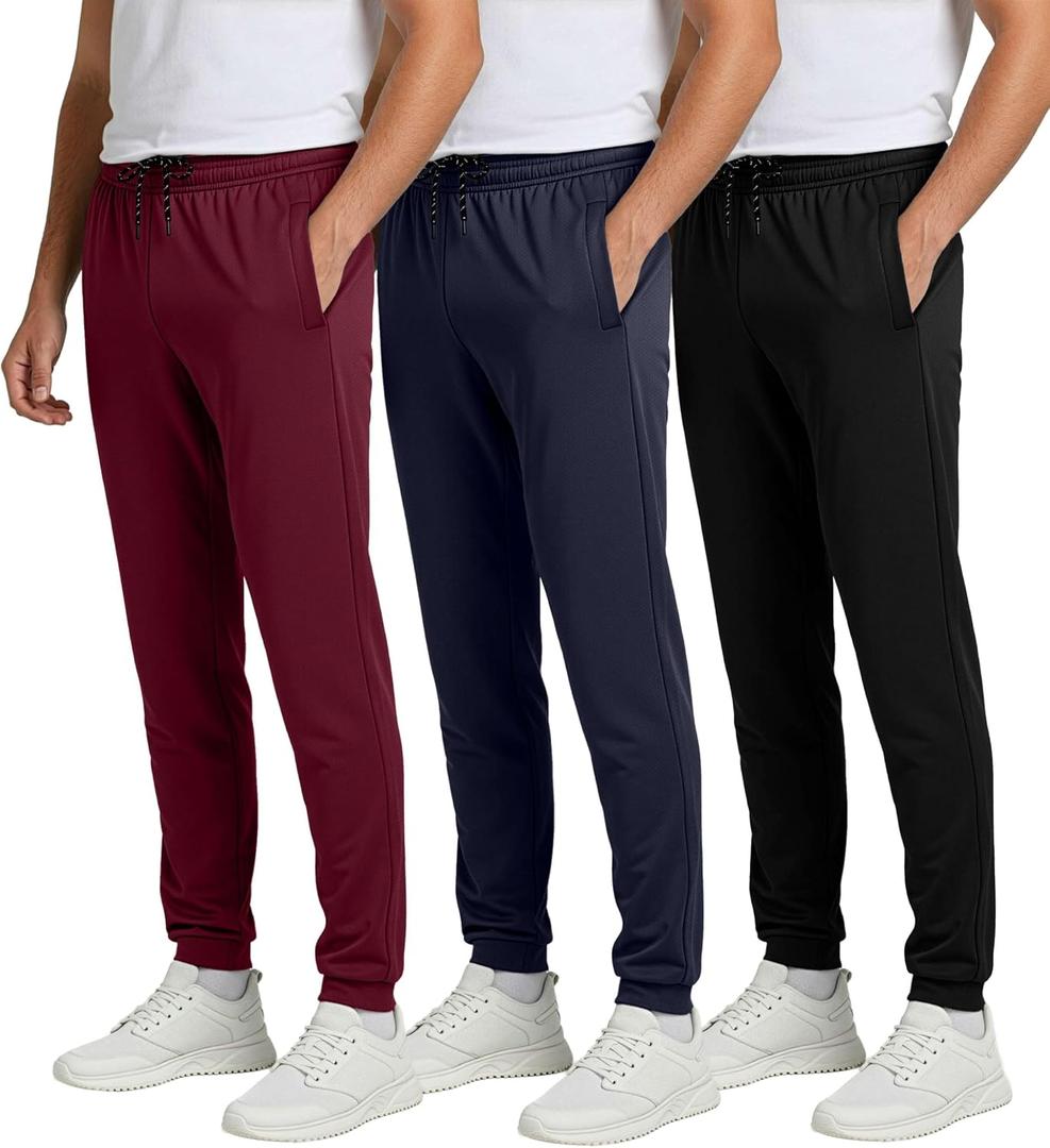 3 Pack Men's Mesh Joggers Sweatpants Gym Athletic Workout Pockets Track | Available In Big & Tall, Moisture Wicking, Elastic Waist, Drawstring, Running, Jogging, Casual, Lounge, Sports, Sweats, Pants (L)