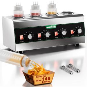 WantJoin Electric Sauce Warmer Dispenser Countertop Stainless Steel Sauce Heat Preservation Machine Hot Fudge Nacho Cheese Ketchup Chocolate Warmer for Commercial with 650ml Squeeze Bottle*4