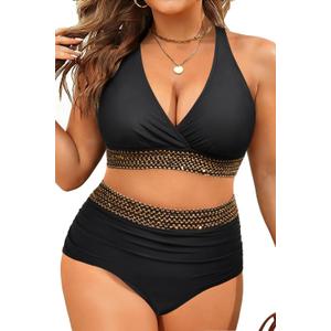 Yonique Womens Plus Size Bikini High Waisted Swimsuits Two Piece Bathing Suits Tummy Control Swimwear Black Weave, 16Plus