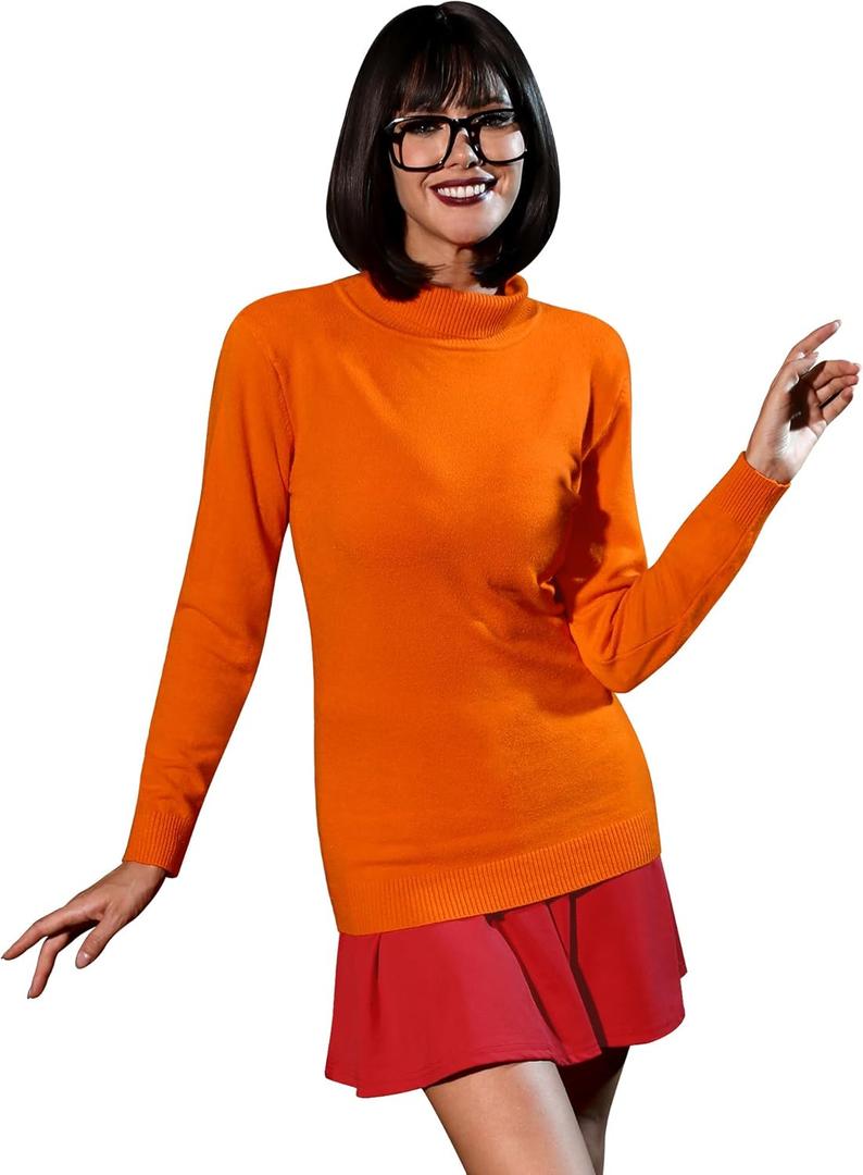 For G and PL Women's Halloween Costume Suit Orange Turtleneck Sweater with Red Skirt (Medium)
