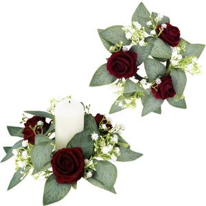 2 Pack Burgundy Artificial Flowers Candle Rings Wreaths for Pillars, Velvet Rose Candle Wreath Rings for Wedding Table Centerpieces, Valentine's Day, Farmhouse Home (Burgundy, 2.7" Inner)