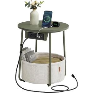 VASAGLE Side Table with Charging Station, Round End Table with Fabric Basket, Nightstand with Power Outlets, USB Ports, for Living Room, Bedroom, Modern, Forest Green and Cream White ULET228C04